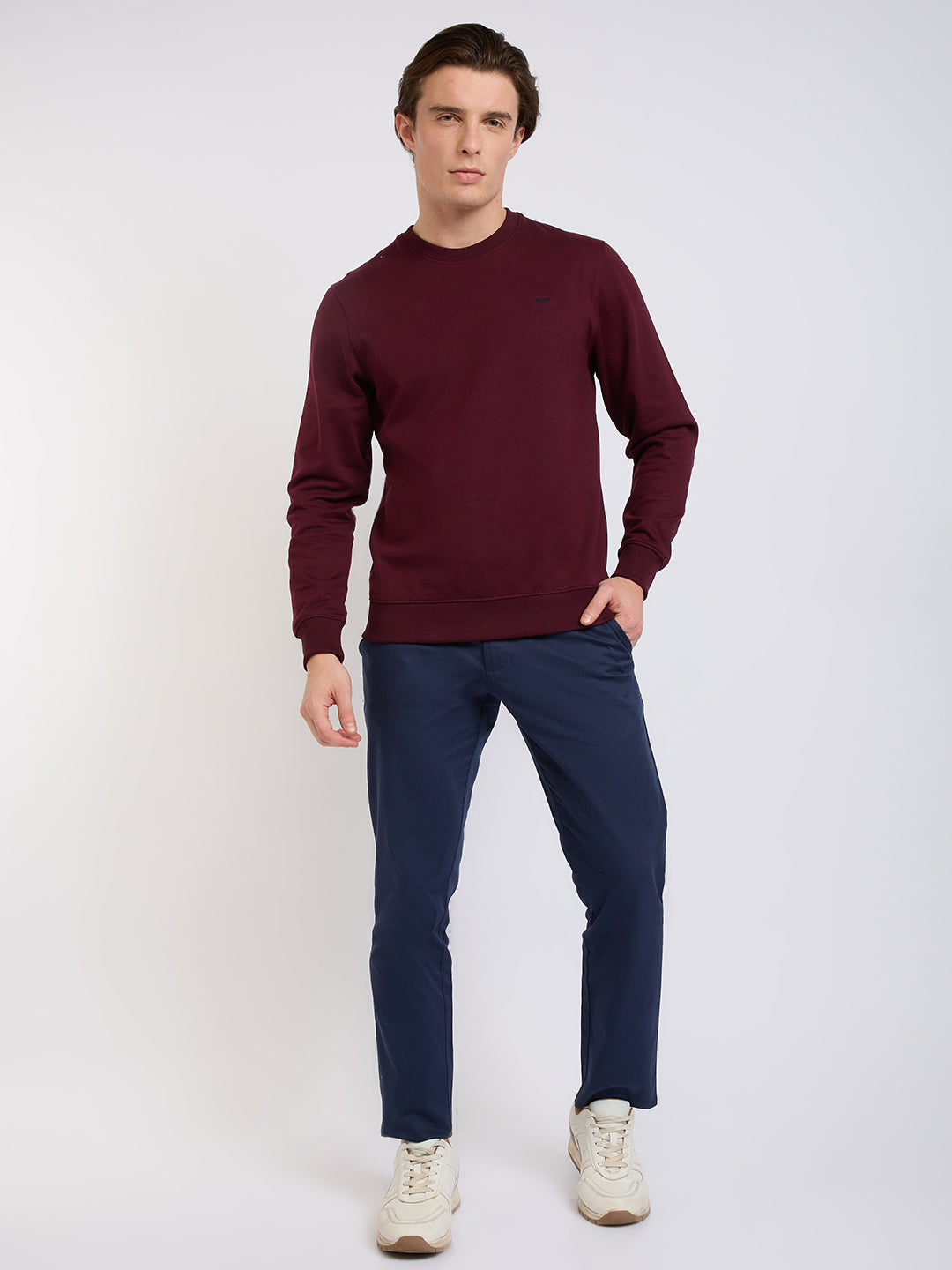 Park Avenue Men Red Solid Slim Fit Cotton Blend Round Neck Collar Sweatshirt