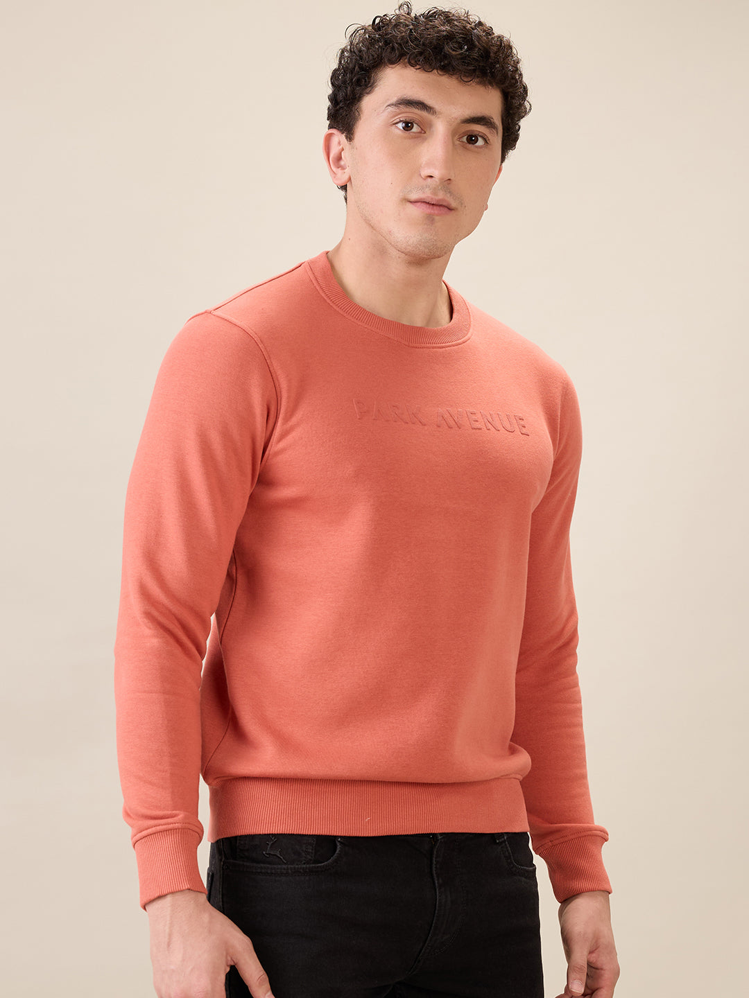 Park Avenue Men Red Solid Slim Fit Cotton Blend Round Neck Collar Sweatshirt