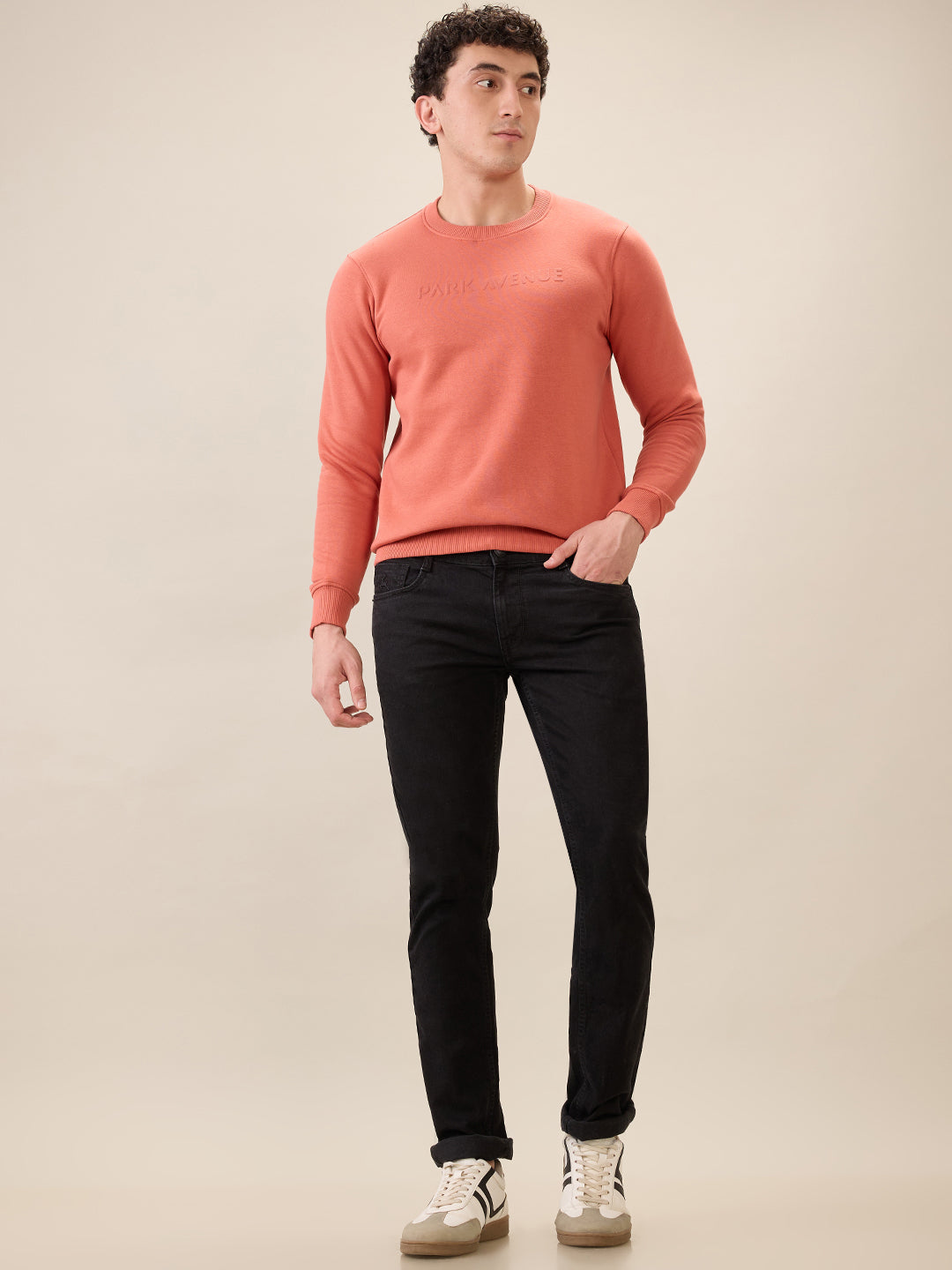 Park Avenue Men Red Solid Slim Fit Cotton Blend Round Neck Collar Sweatshirt