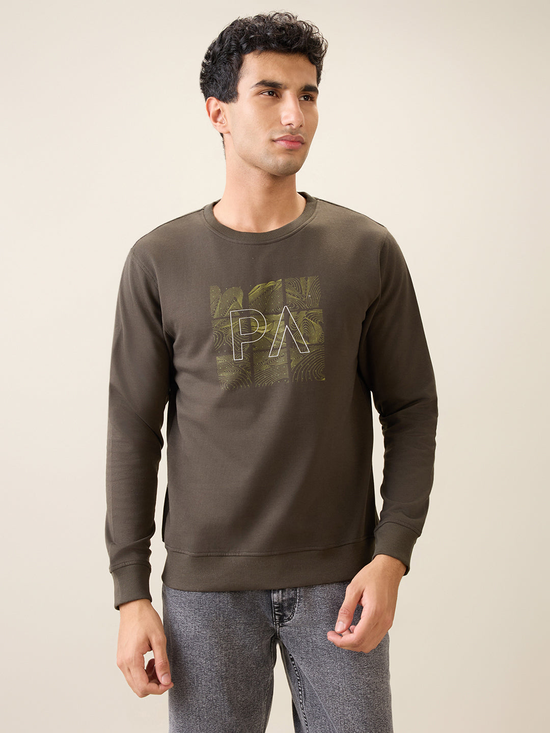 Park Avenue Men Green Printed Slim Fit Cotton Blend Round Neck Collar Sweatshirt