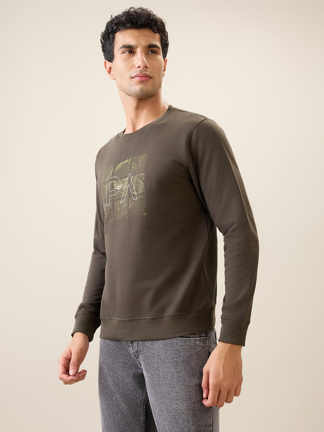 Park Avenue Men Green Printed Slim Fit Cotton Blend Round Neck Collar Sweatshirt
