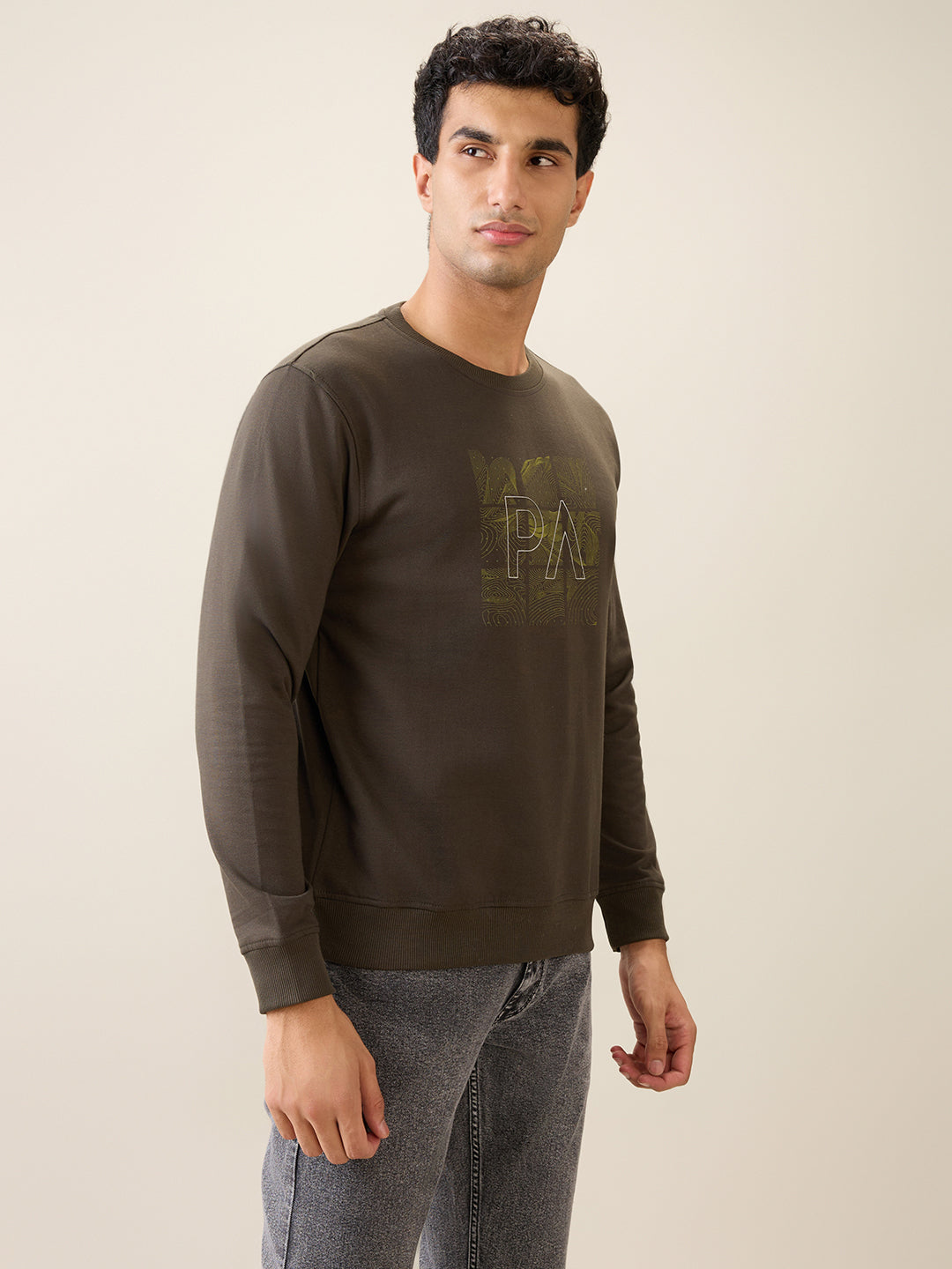 Park Avenue Men Green Printed Slim Fit Cotton Blend Round Neck Collar Sweatshirt