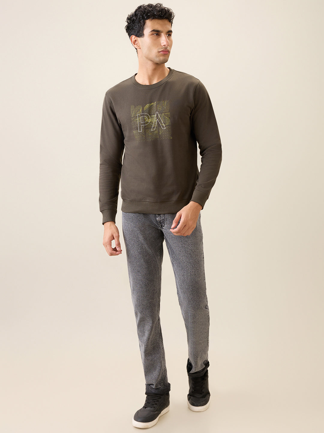 Park Avenue Men Green Printed Slim Fit Cotton Blend Round Neck Collar Sweatshirt