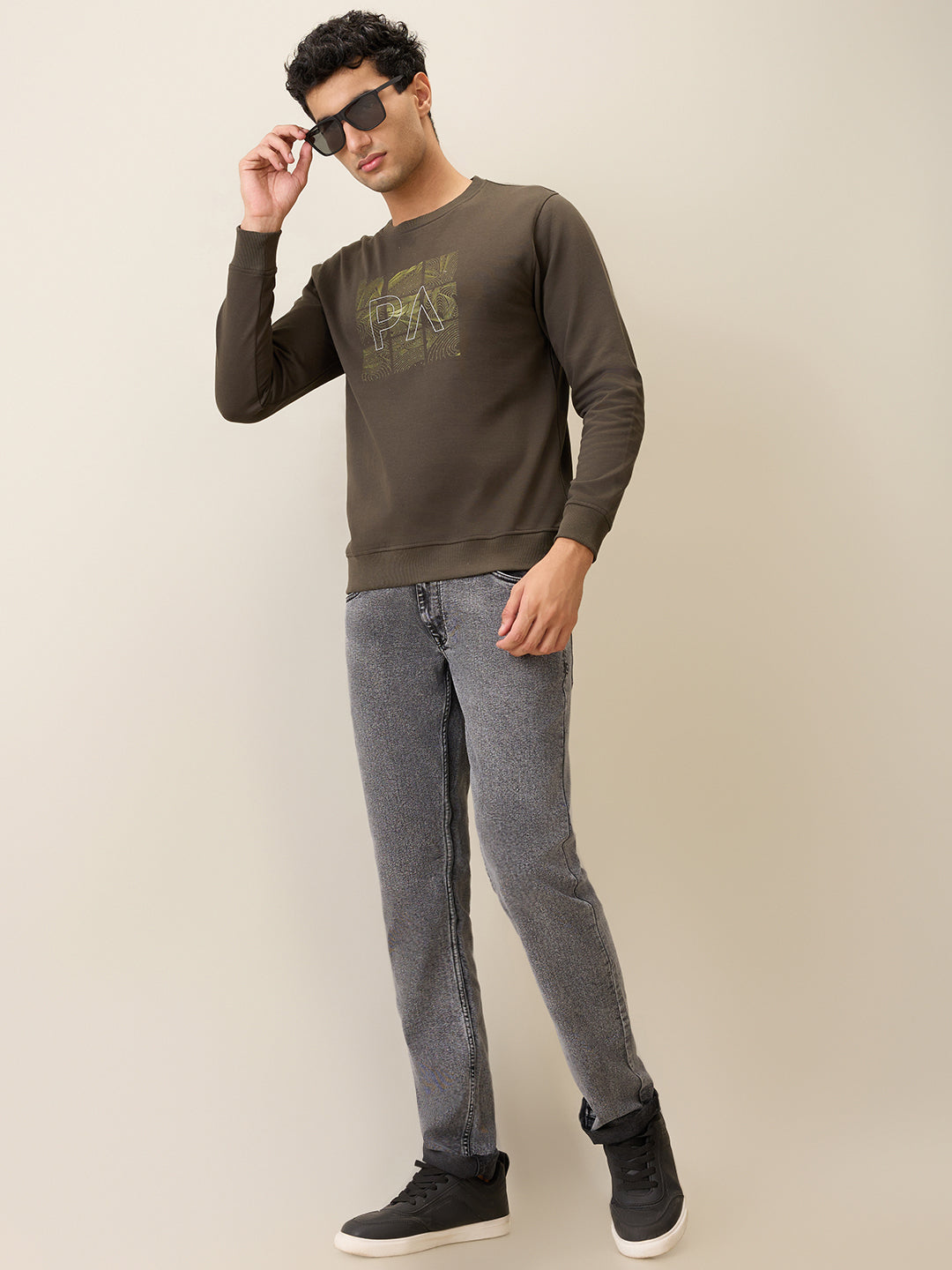 Park Avenue Men Green Printed Slim Fit Cotton Blend Round Neck Collar Sweatshirt