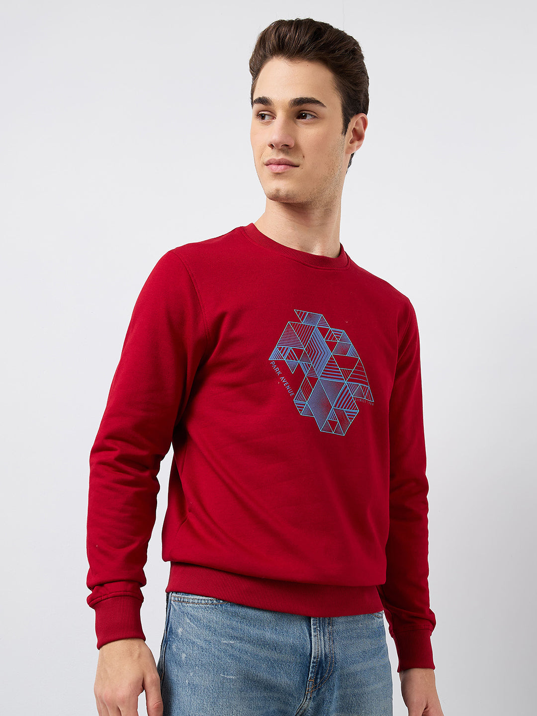 Park Avenue Men Red Printed Slim Fit Cotton Blend Round Neck Collar Sweatshirt