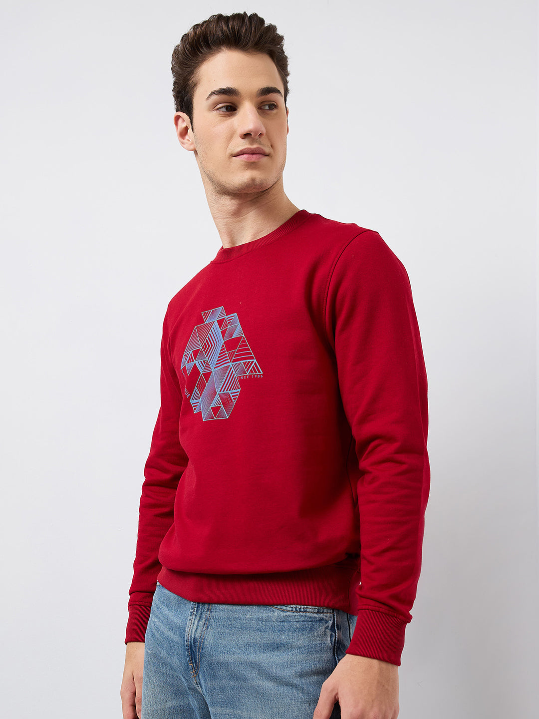Park Avenue Men Red Printed Slim Fit Cotton Blend Round Neck Collar Sweatshirt