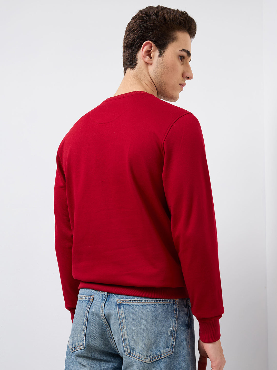 Park Avenue Men Red Printed Slim Fit Cotton Blend Round Neck Collar Sweatshirt