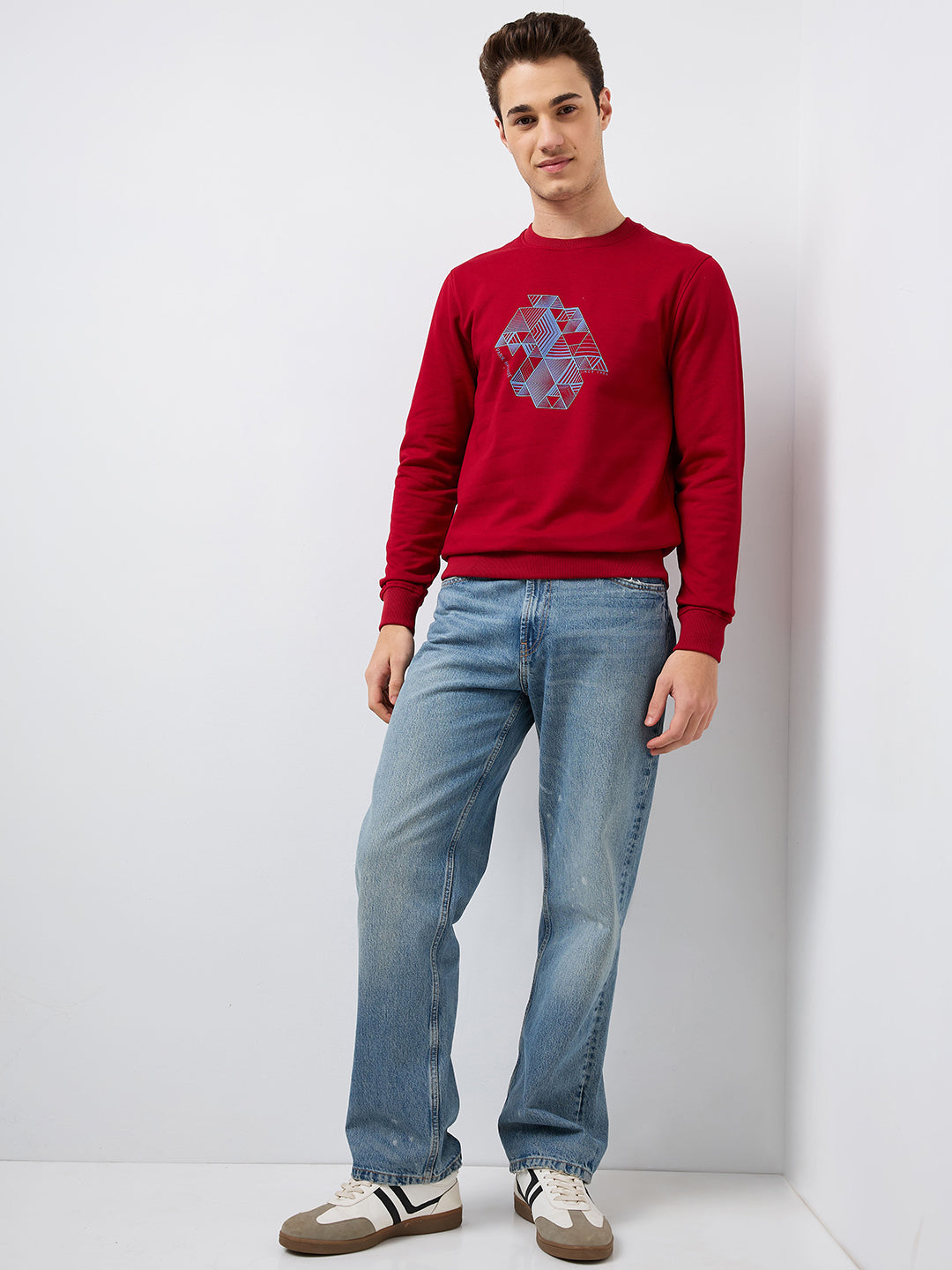 Park Avenue Men Red Printed Slim Fit Cotton Blend Round Neck Collar Sweatshirt