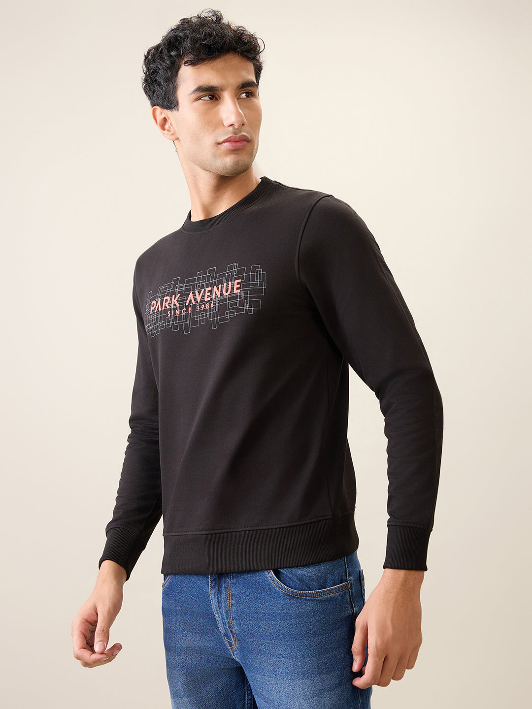 Park Avenue Men Black Printed Slim Fit Cotton Blend Round Neck Collar Sweatshirt