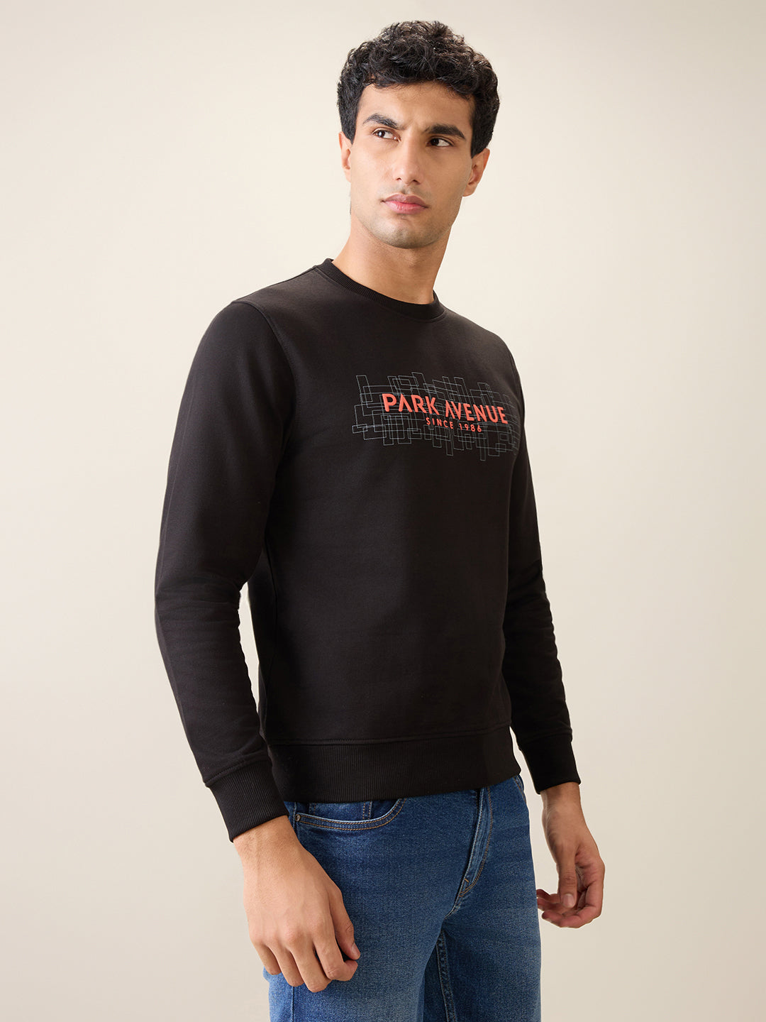 Park Avenue Men Black Printed Slim Fit Cotton Blend Round Neck Collar Sweatshirt