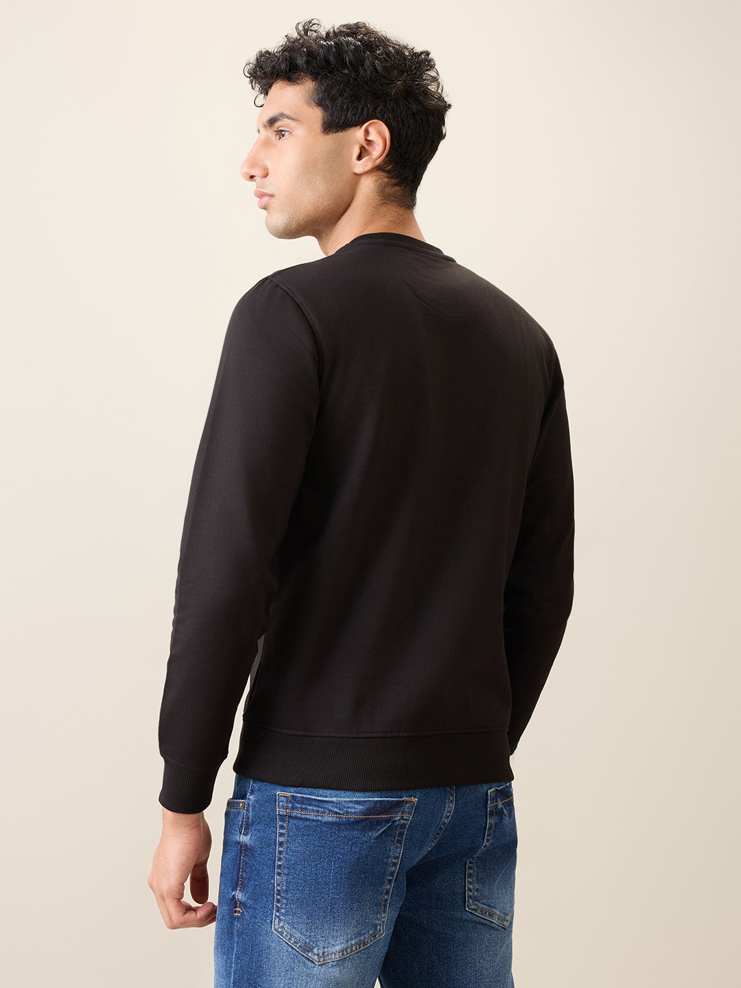 Park Avenue Men Black Printed Slim Fit Cotton Blend Round Neck Collar Sweatshirt