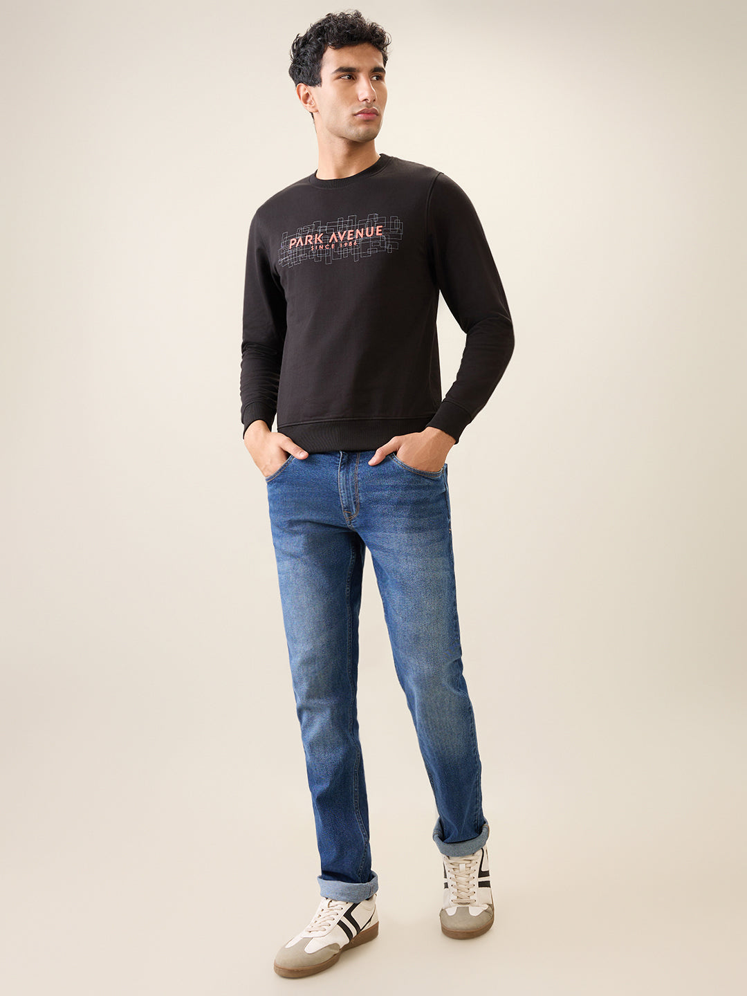 Park Avenue Men Black Printed Slim Fit Cotton Blend Round Neck Collar Sweatshirt