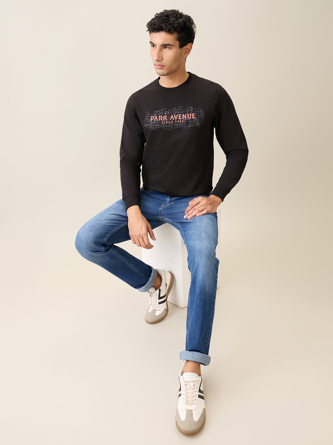 Park Avenue Men Black Printed Slim Fit Cotton Blend Round Neck Collar Sweatshirt