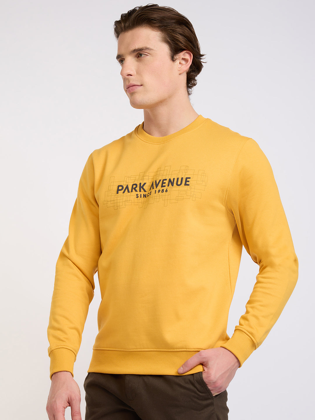 Park Avenue Men Yellow Printed Slim Fit Cotton Blend Round Neck Collar Sweatshirt