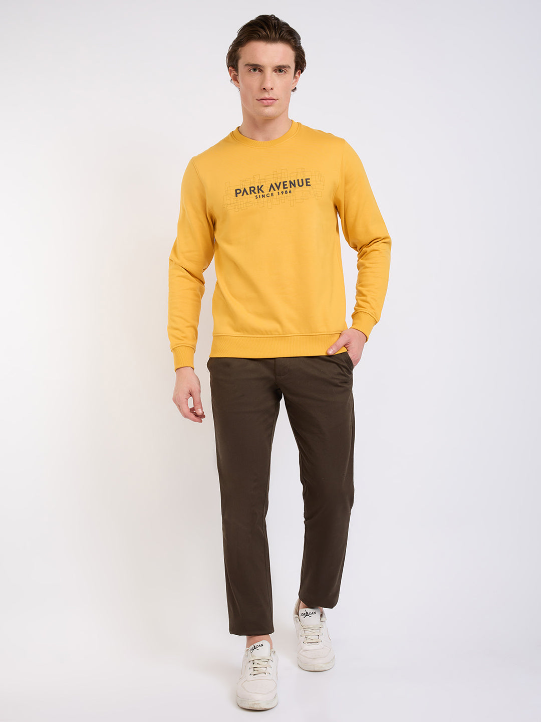 Park Avenue Men Yellow Printed Slim Fit Cotton Blend Round Neck Collar Sweatshirt