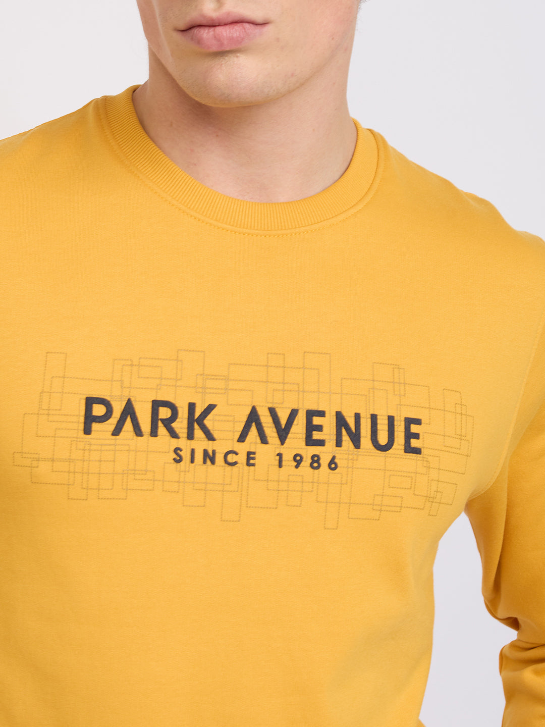 Park Avenue Men Yellow Printed Slim Fit Cotton Blend Round Neck Collar Sweatshirt