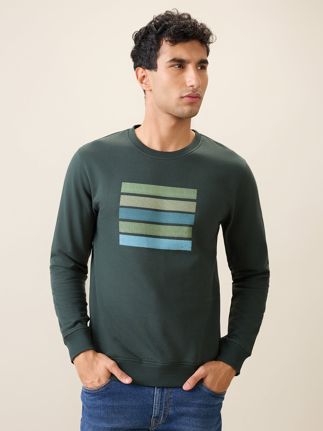 Park Avenue Men Green Printed Slim Fit Cotton Blend Round Neck Collar Sweatshirt