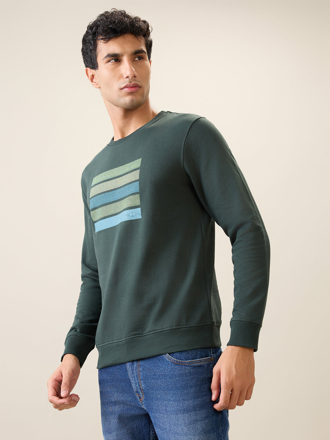 Park Avenue Men Green Printed Slim Fit Cotton Blend Round Neck Collar Sweatshirt
