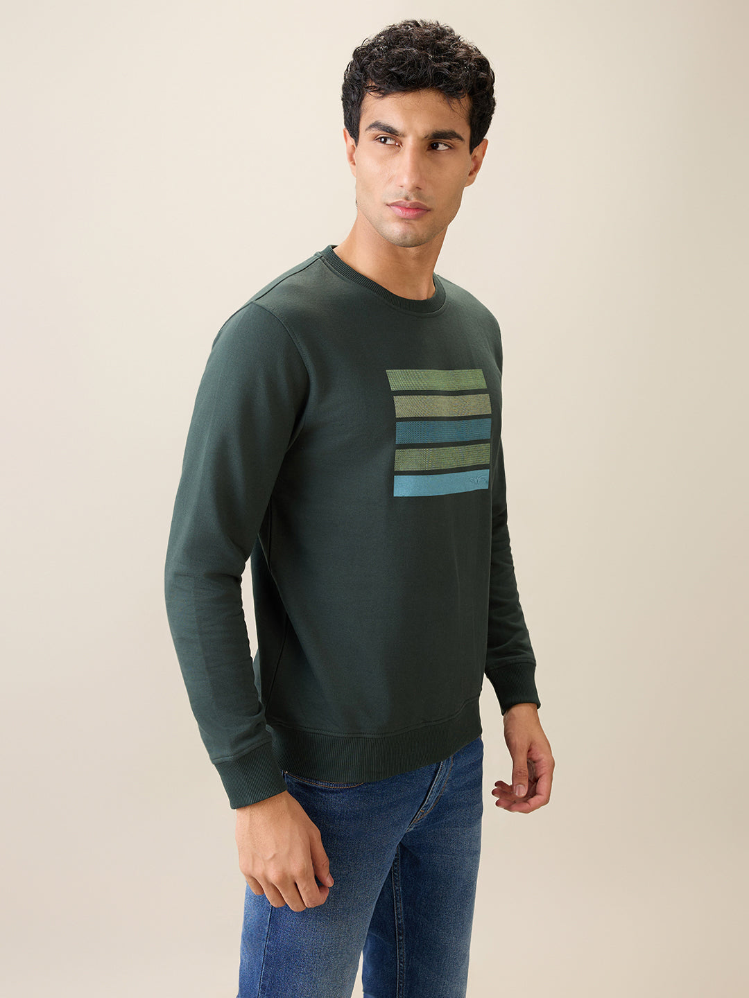 Park Avenue Men Green Printed Slim Fit Cotton Blend Round Neck Collar Sweatshirt