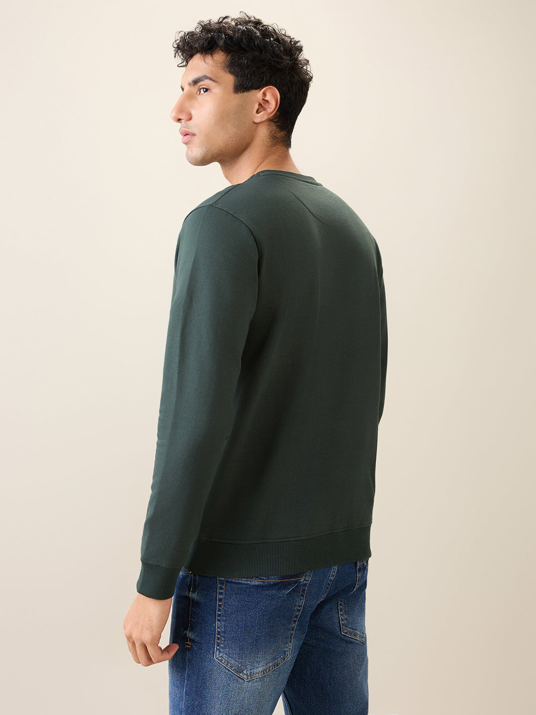 Park Avenue Men Green Printed Slim Fit Cotton Blend Round Neck Collar Sweatshirt