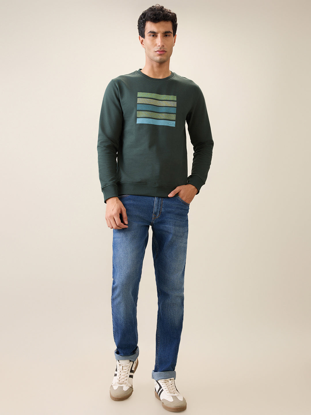Park Avenue Men Green Printed Slim Fit Cotton Blend Round Neck Collar Sweatshirt