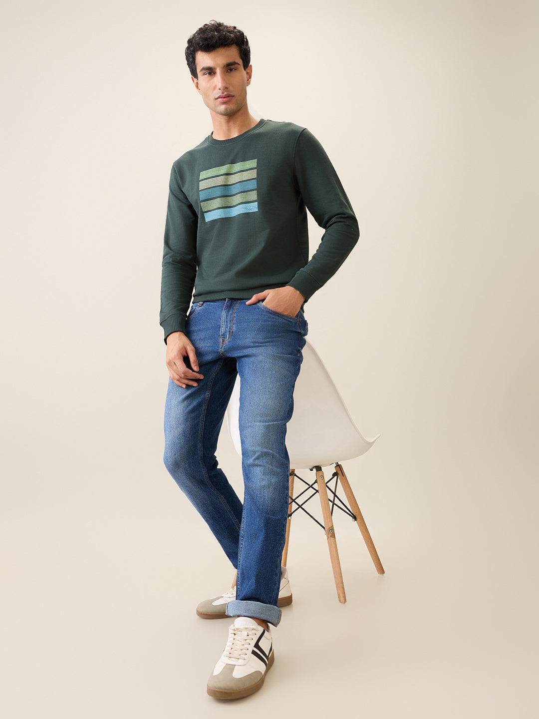 Park Avenue Men Green Printed Slim Fit Cotton Blend Round Neck Collar Sweatshirt