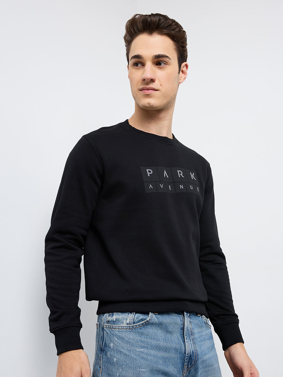 Park Avenue Men Black Printed Slim Fit Cotton Blend Round Neck Collar Sweatshirt