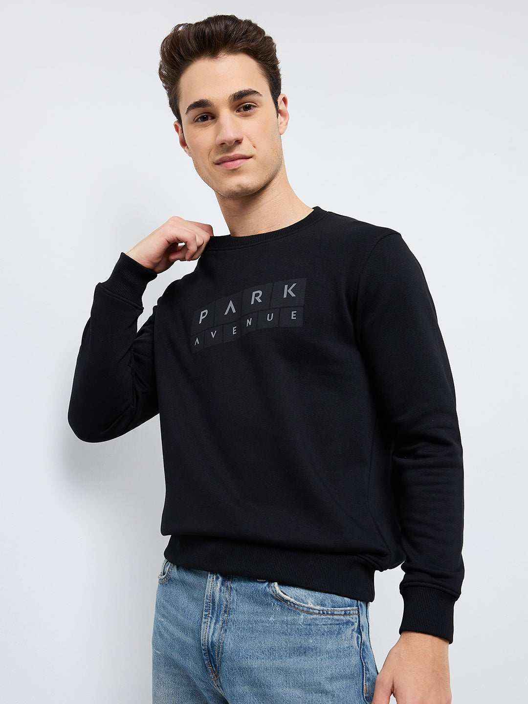 Park Avenue Men Black Printed Slim Fit Cotton Blend Round Neck Collar Sweatshirt