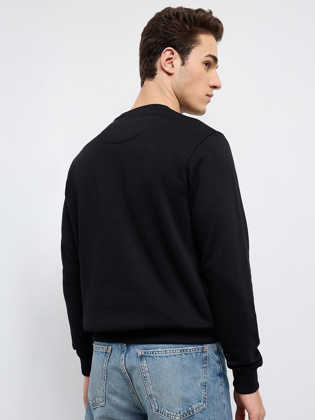 Park Avenue Men Black Printed Slim Fit Cotton Blend Round Neck Collar Sweatshirt