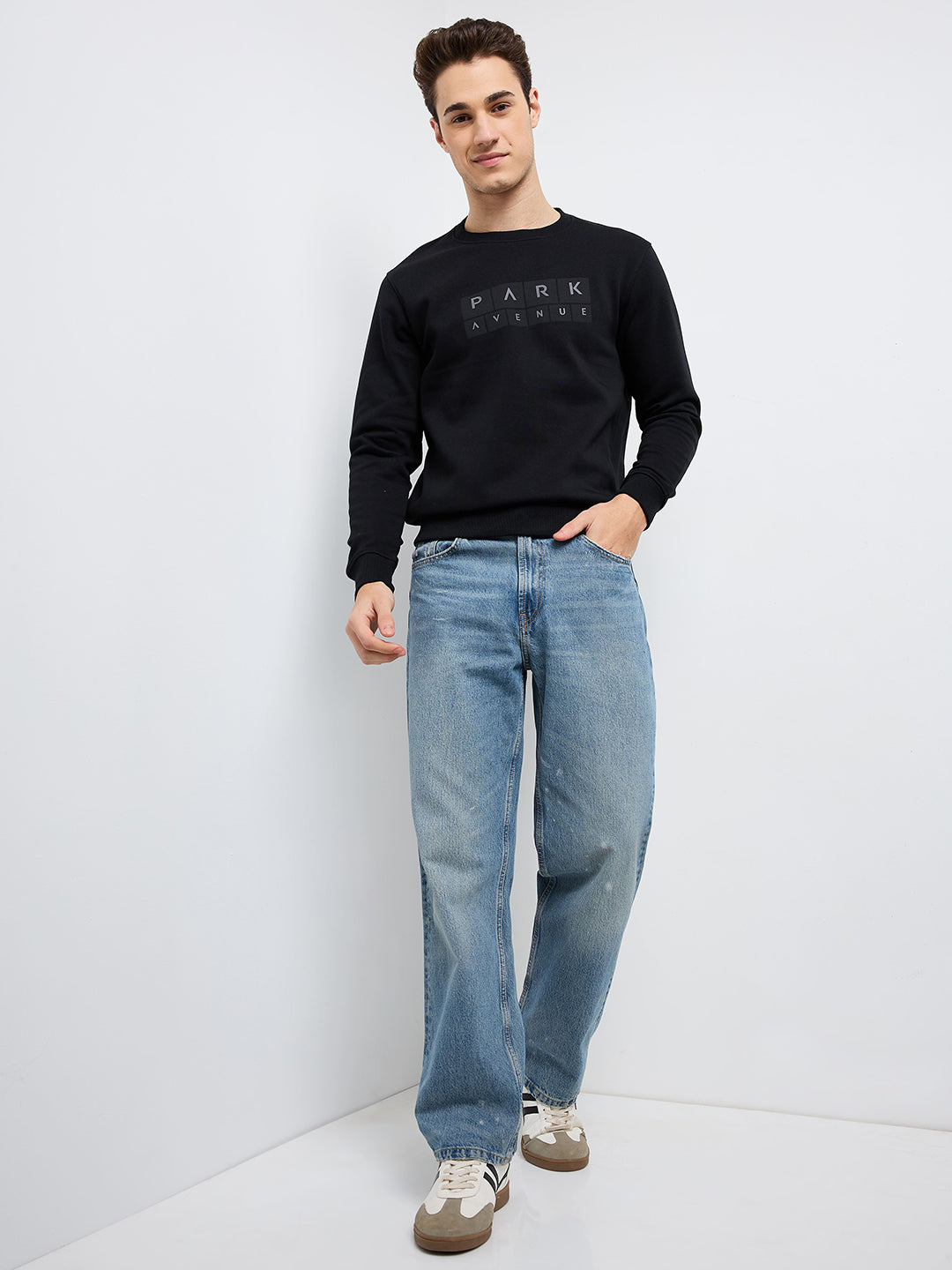 Park Avenue Men Black Printed Slim Fit Cotton Blend Round Neck Collar Sweatshirt