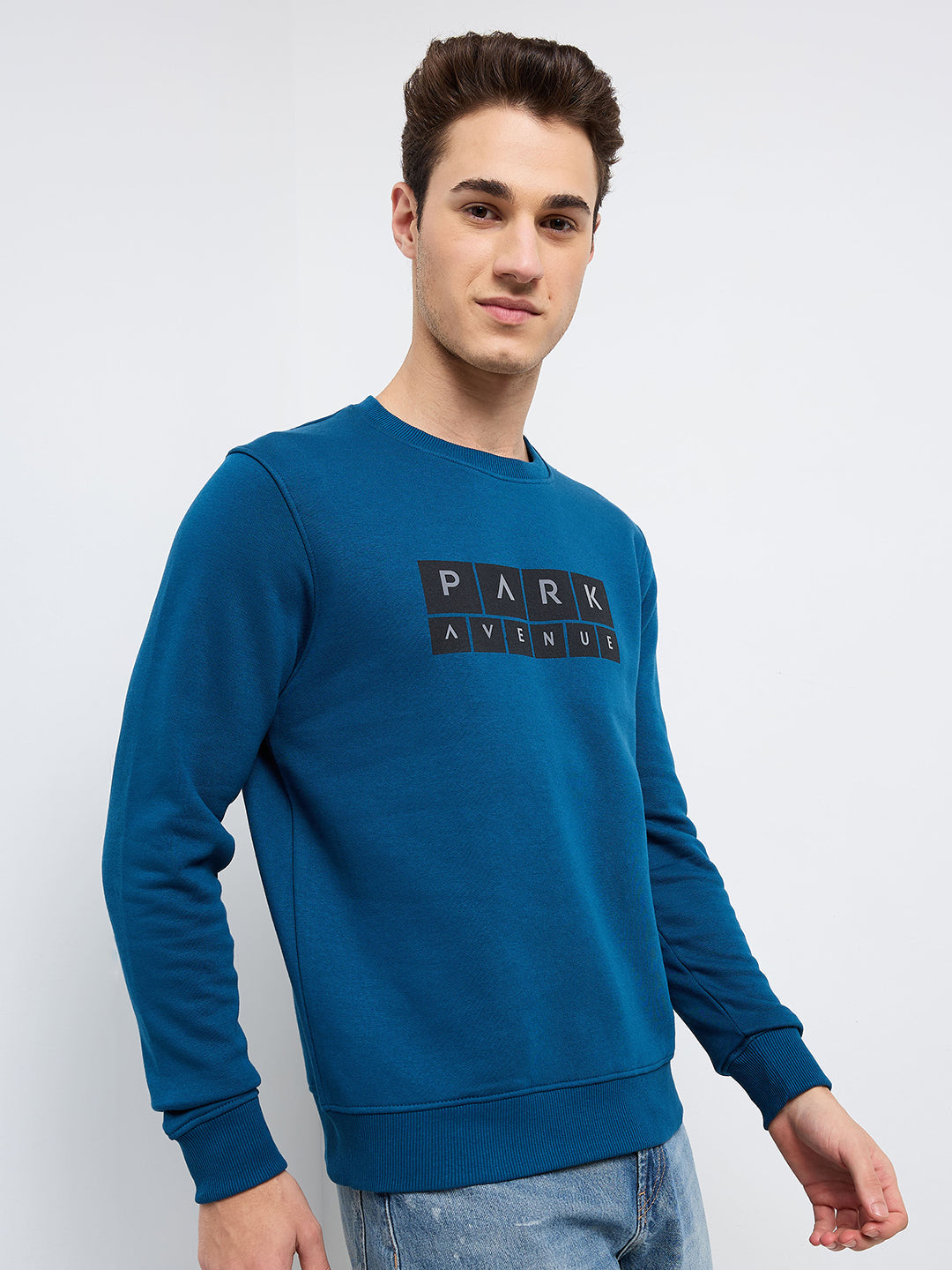 Park Avenue Men Blue Printed Slim Fit Cotton Blend Round Neck Collar Sweatshirt