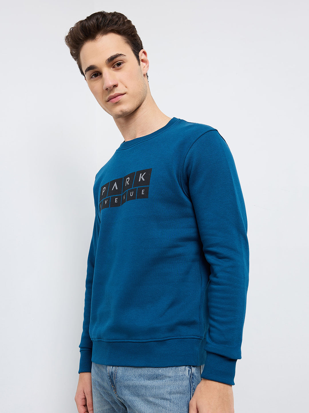 Park Avenue Men Blue Printed Slim Fit Cotton Blend Round Neck Collar Sweatshirt