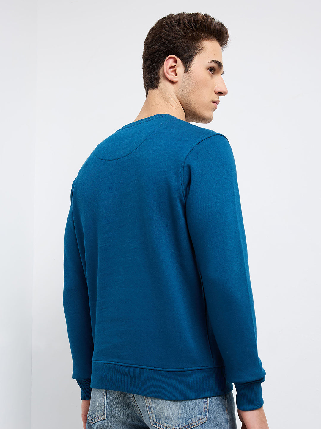 Park Avenue Men Blue Printed Slim Fit Cotton Blend Round Neck Collar Sweatshirt