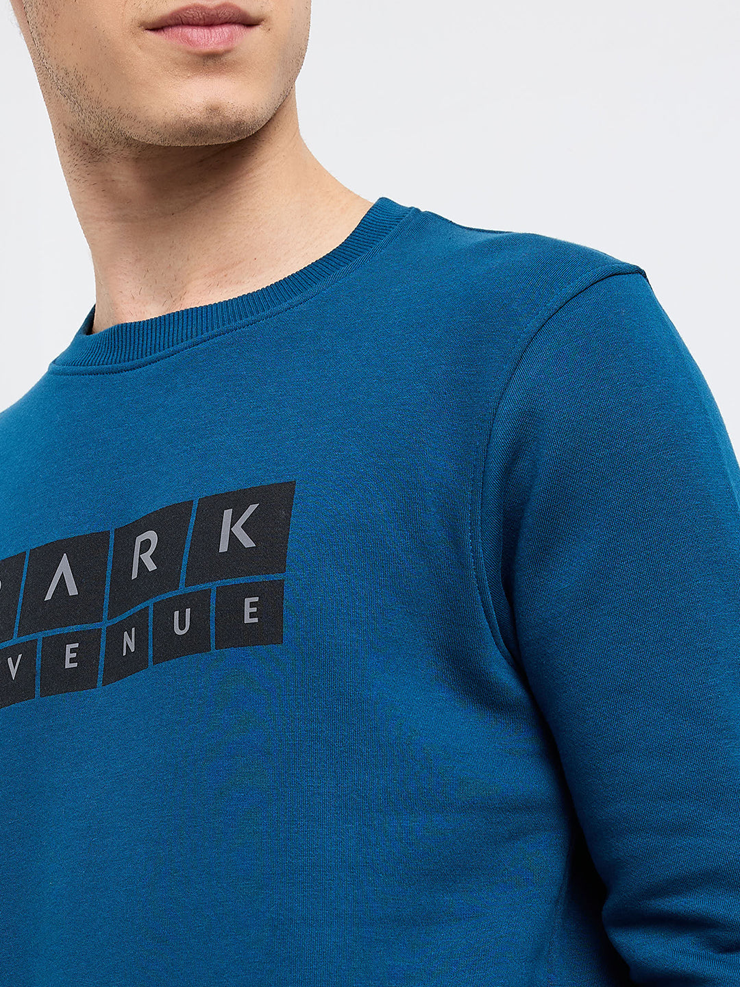 Park Avenue Men Blue Printed Slim Fit Cotton Blend Round Neck Collar Sweatshirt