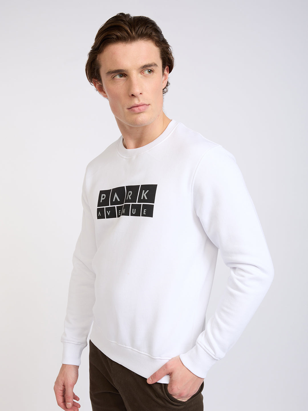 Park Avenue Men White Printed Slim Fit Cotton Blend Round Neck Collar Sweatshirt