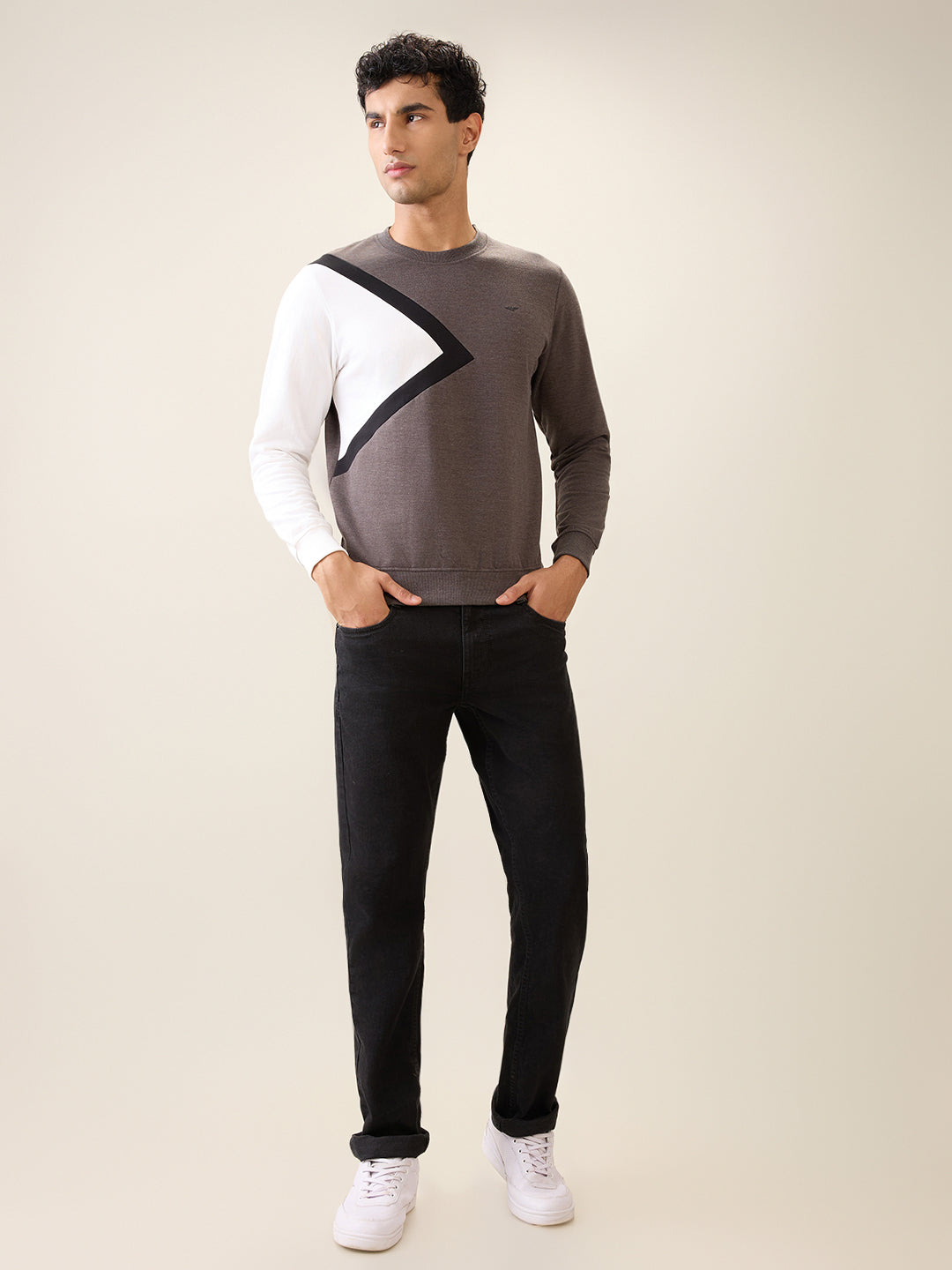 Park Avenue Men Black Cut & Sew Slim Fit Cotton Blend Crew Neck Collar Sweatshirt