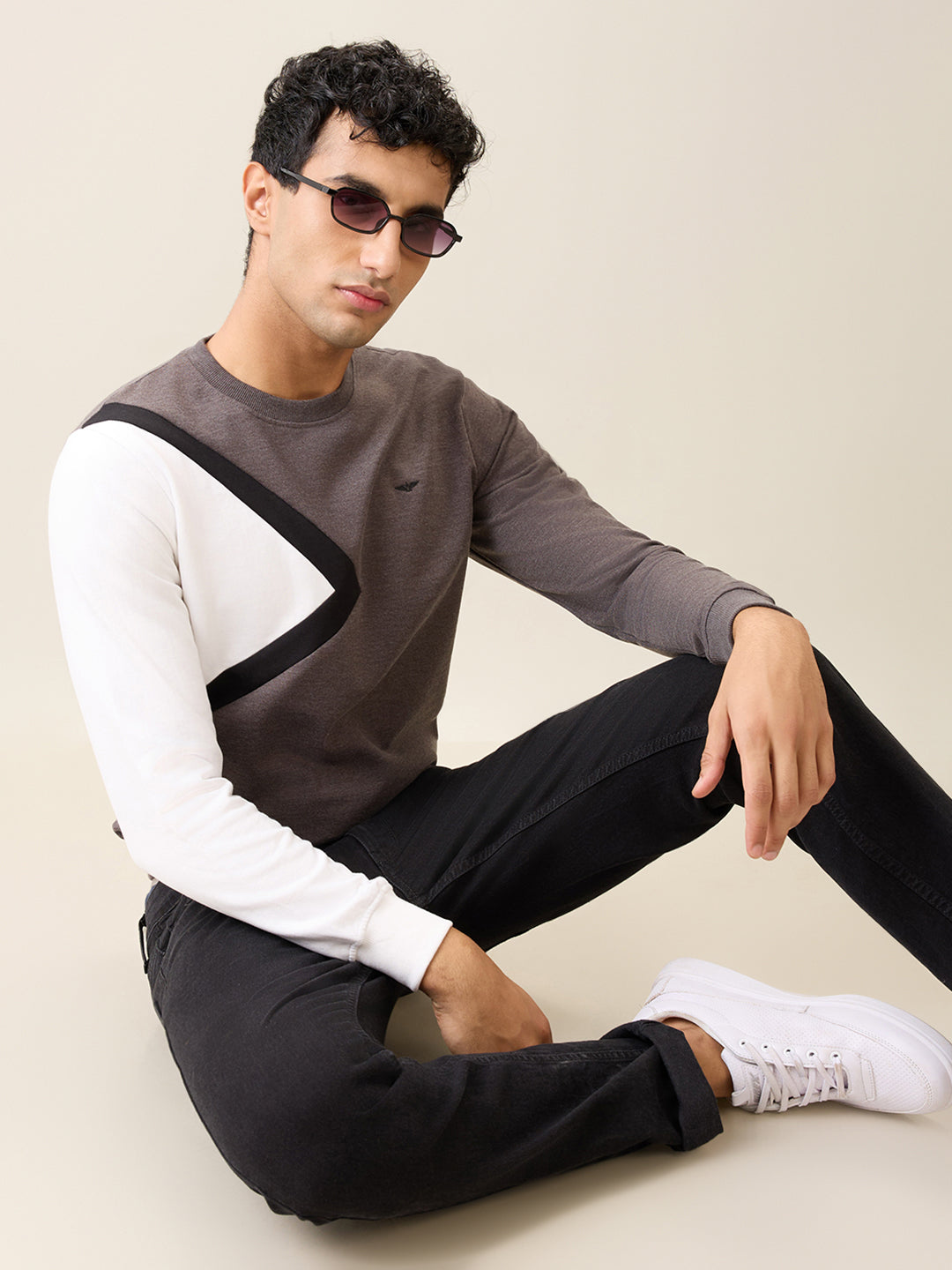 Park Avenue Men Black Cut & Sew Slim Fit Cotton Blend Crew Neck Collar Sweatshirt