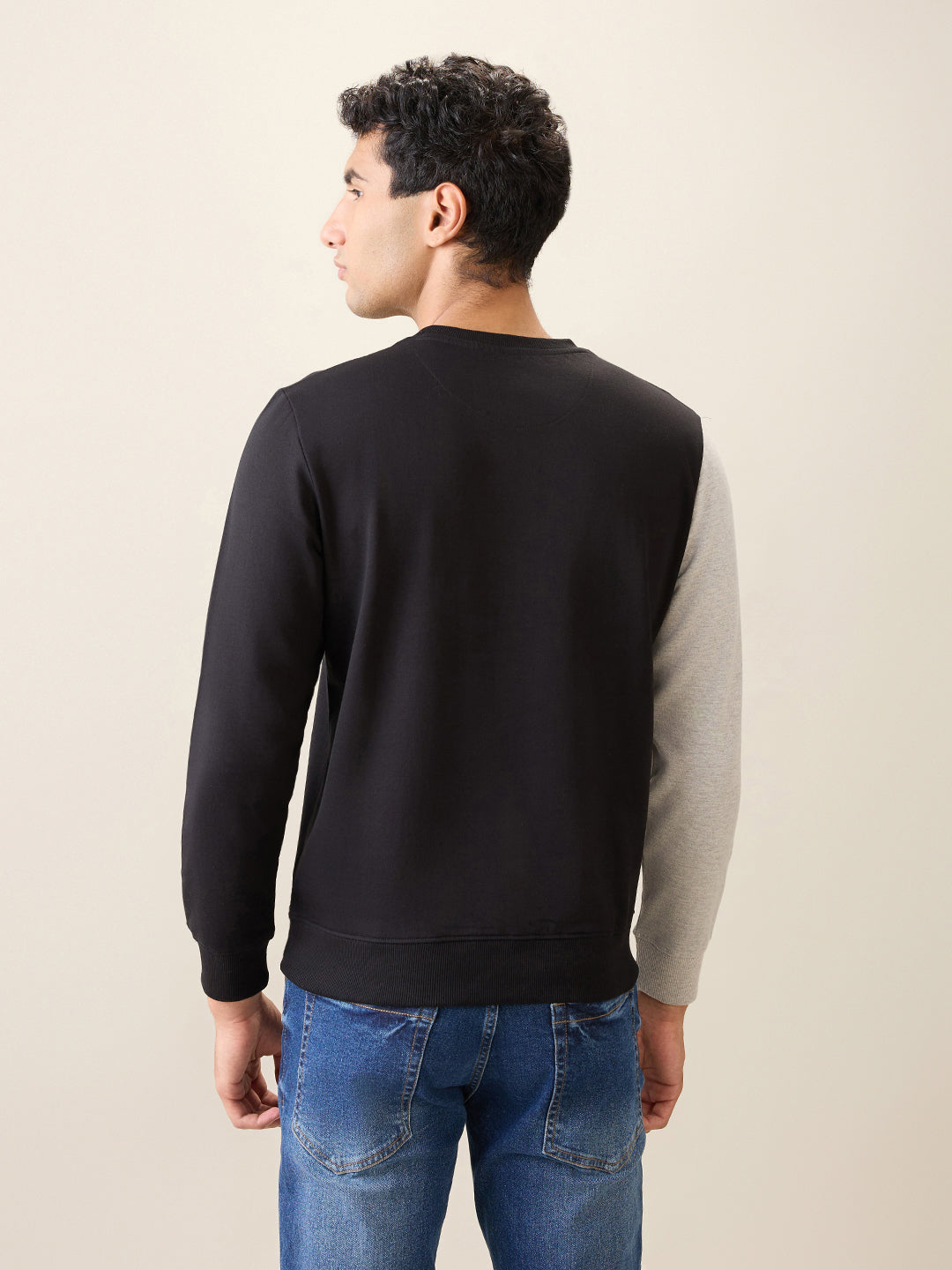 Park Avenue Men Black Cut & Sew Slim Fit Cotton Blend Crew Neck Collar Sweatshirt