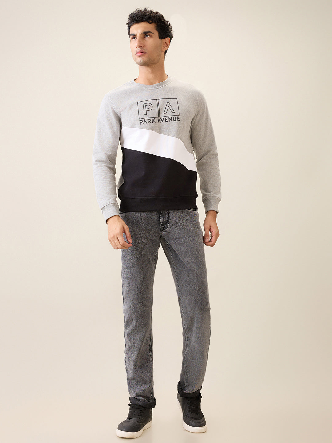 Park Avenue Men Grey Cut & Sew Slim Fit Cotton Blend Crew Neck Collar Sweatshirt