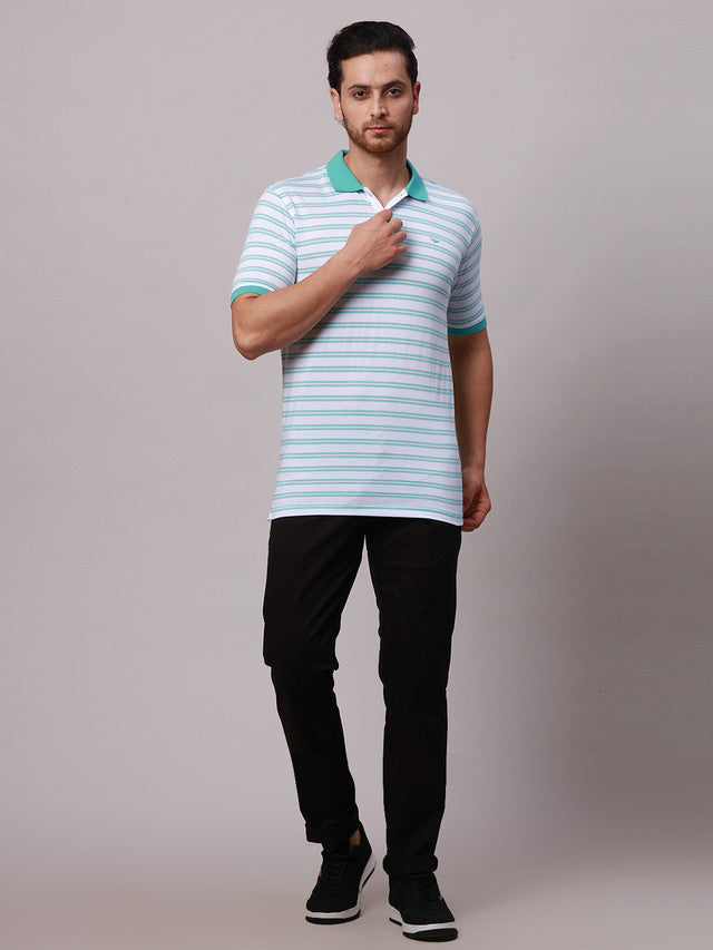 Park Avenue Blue Stripe Slim Fit Half Sleeve Cotton Blend T-Shirt