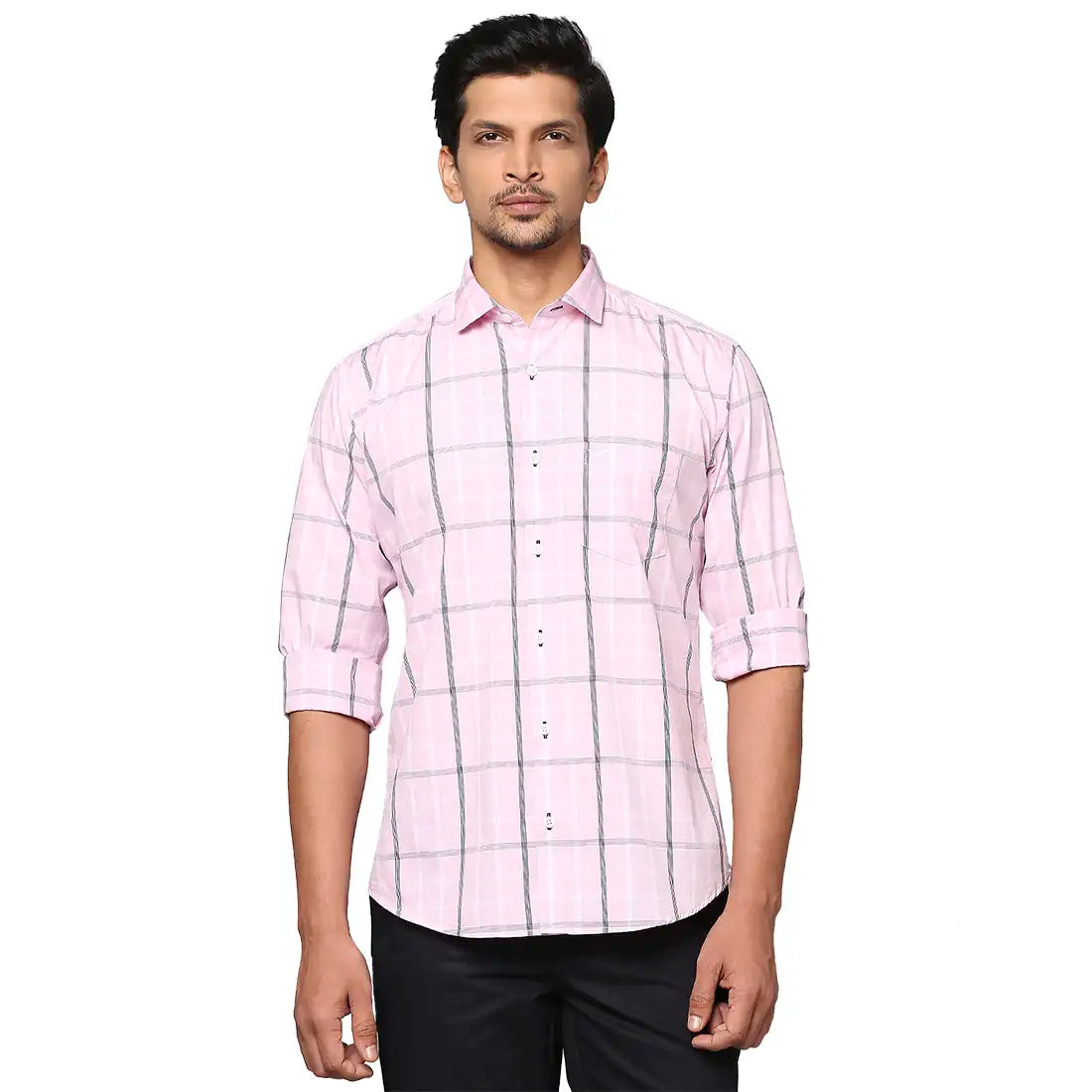Park Avenue Men Pink Checks Slim Fit Cotton Blend Casual Shirt
