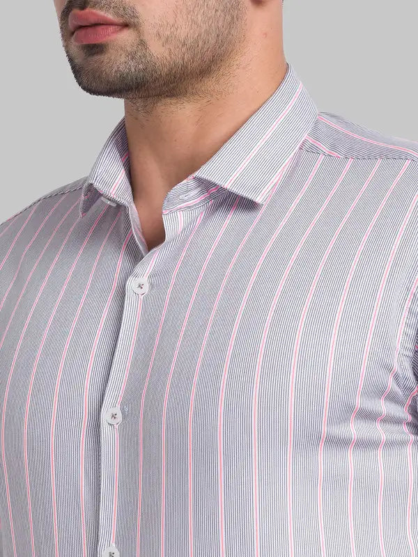 Park Avenue Men Grey Striped Slim Fit Cotton Blend Casual Shirt