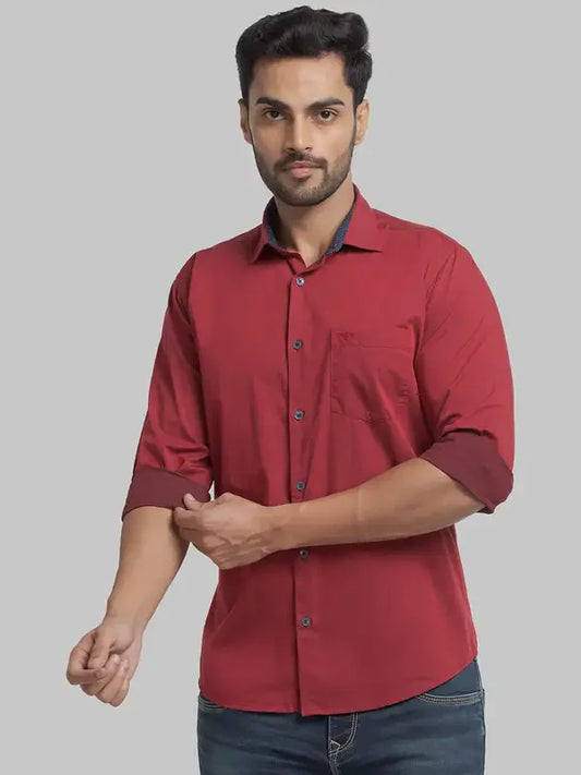 Men Red Slim Fit Two Tone Cotton Blend Cut Away Collar Shirts