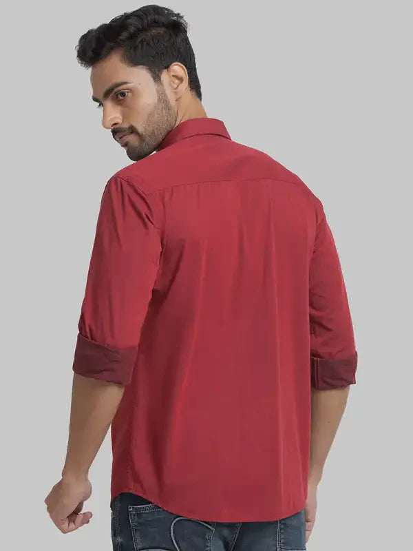 Men Red Slim Fit Two Tone Cotton Blend Cut Away Collar Shirts