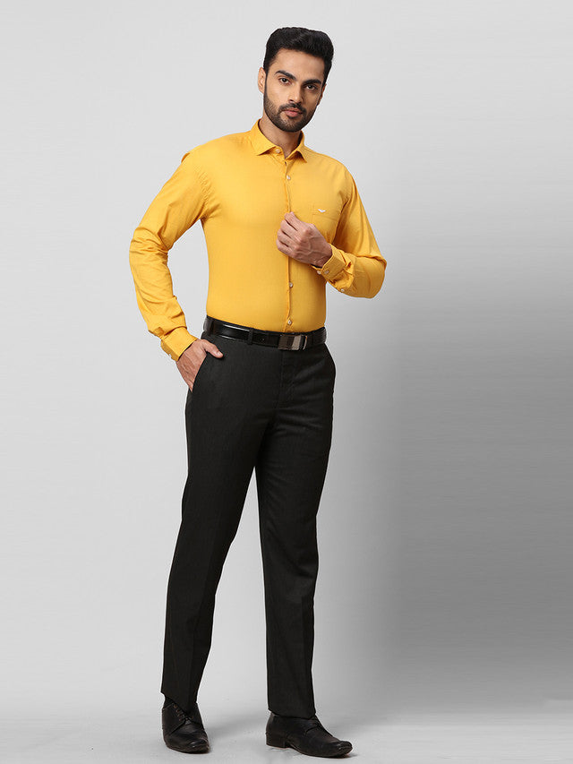 Park Avenue Men Yellow Solid Slim Fit Full Sleeve Cut Away Collar Shirt