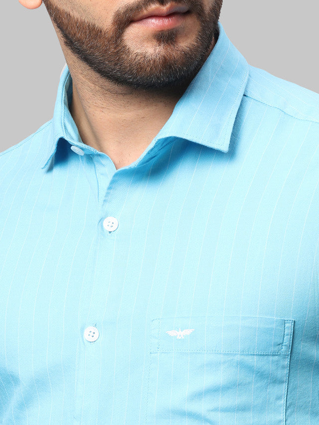 Park Avenue Men Blue Striped Slim Fit Full Sleeve Cut Away Collar Shirt