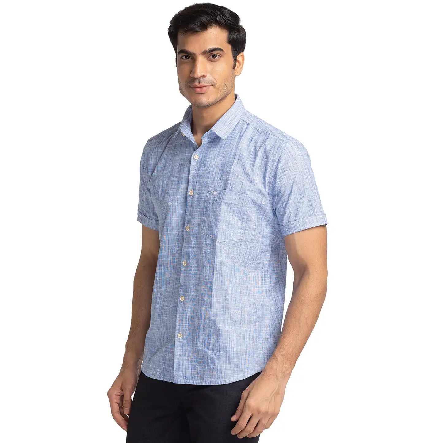 Men Blue Slim Fit Chambray Cotton Ainsley Collar Shirts