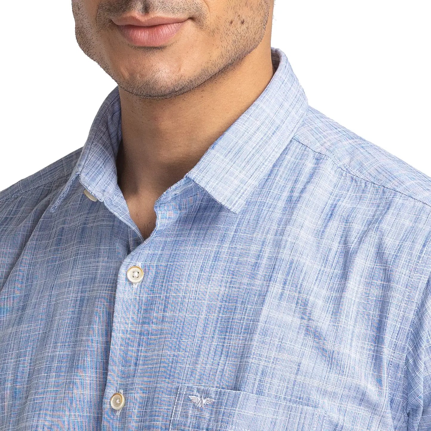 Men Blue Slim Fit Chambray Cotton Ainsley Collar Shirts