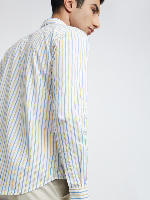 Men Yellow Slim Fit Stripe Cotton Cut Away Collar Shirts