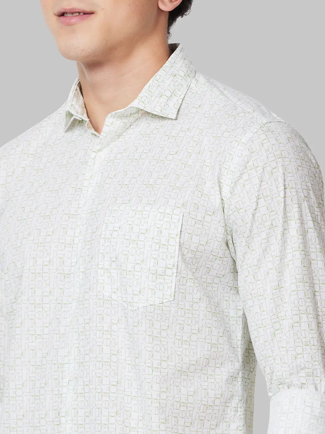 Men Green Slim Fit Print Cotton Cut Away Collar Shirts